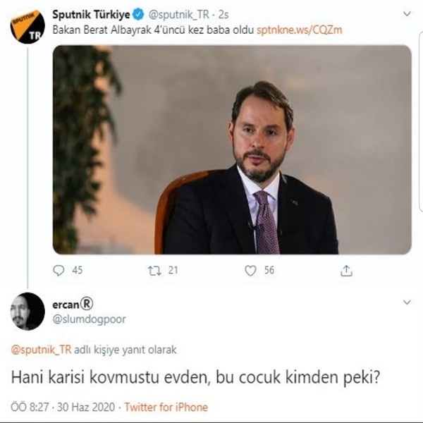 Hazine ve Maliye Bakanı Berat Albayrak dördüncü kez baba oldu. Berat Albayrak ve Esra Albayrak çifti yeni doğan bebeklerine Hamza Salih adını verdi. Çiftin mutlu gününde bir Twitter tetikçisi alçak bir paylaşımda bulundu. Bakan Albayrak ve eşini doğrudan hedef alan ahlaksız paylaşıma tepkiler çığ gibi büyüdü, Albayrak'a destek mesajları yağdı.