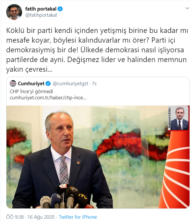 Köklü bir parti kendi içinden yetişmiş birine bu kadar mı mesafe koyar, böylesi kalınduvarlar mı örer? Parti içi demokrasiymiş bir de! Ülkede demokrasi nasıl işliyorsa partilerde de ayni. Değişmez lider ve halinden memnun yakın çevresi...