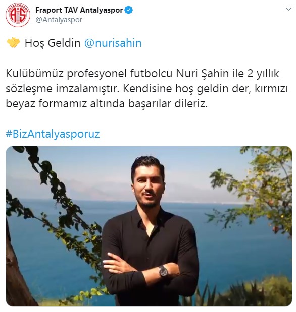 Antalyaspor'un Twitter hesabından, "Hoşgeldin Nuri Şahin" başlığıyla yapılan açıklamada, "Kulübümüz, profesyonel futbolcu Nuri Şahin ile 2 yıllık sözleşme imzalamıştır. Kendisine 'hoş geldin' der, kırmızı-beyaz formamız altında başarılar dileriz" ifadeleri kullanıldı.