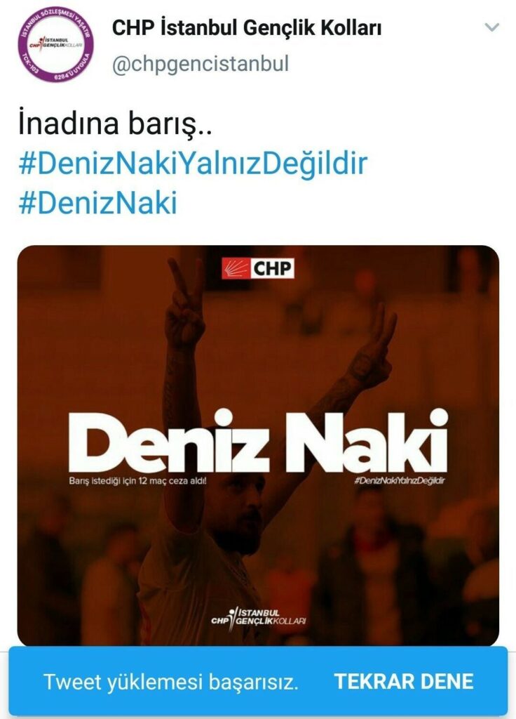 Bu gelişmenin ardından, daha önce “İnadına Barış. Deniz Naki yalnız değildir” mesajını paylaşan CHP İstanbul Gençlik Kolları, Naki’ye destek verdiği paylaşımını sosyal medya hesabından kaldırdı.