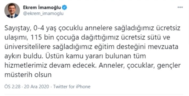 Ekrem İmamoğlu, "Sayıştay, 0-4 yaş çocuklu annelere sağladığımız ücretsiz ulaşımı, 115 bin çocuğa dağıttığımız ücretsiz sütü ve üniversitelilere sağladığımız eğitim desteğini mevzuata aykırı buldu." sözleriyle duyurduğu konuya ilişkin detaylı açıklama yapmaktan kaçındı.