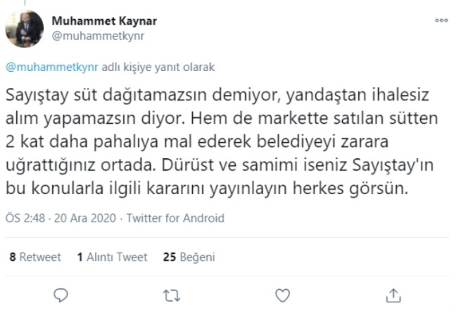 Sayıştay süt dağıtamazsın demiyor, yandaştan ihalesiz alım yapamazsın diyor. Hem de markette satılan sütten 2 kat daha pahalıya mal ederek belediyeyi zarara uğrattığınız ortada. Dürüst ve samimi iseniz Sayıştay'ın bu konularla ilgili kararını yayınlayın herkes görsün.