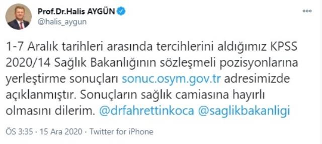 "1-7 Aralık tarihleri arasında tercihlerini aldığımız KPSS 2020/14 Sağlık Bakanlığının sözleşmeli pozisyonlarına yerleştirme sonuçları http://sonuc.osym.gov.tr adresimizde açıklanmıştır. Sonuçların sağlık camiasına hayırlı olmasını dilerim."