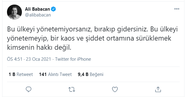 FETÖ'cü Uslu twitter hesabından bu paylaşımı yaparken DEVA Partisi Genel Başkanı Ali Babacan da eş zamanlı olarak bir mesaj paylaştı. Babacan, "Bu ülkeyi yönetemiyorsanız, bırakıp gidersiniz. Bu ülkeyi yönetemeyip, bir kaos ve şiddet ortamına sürüklemek kimsenin hakkı değil." dedi.