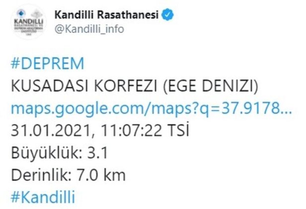 Kandilli Rasathanesi'nden yapılan açıklamada, depremin Kuşadası Körfezi açıklarında meydana geldiği büyüklüğünün ise 3.1 olarak olduğu duyuruldu. Saat 11.07'de meydana gelen depremin derinliği ise 7.0 km. olarak açıklandı.