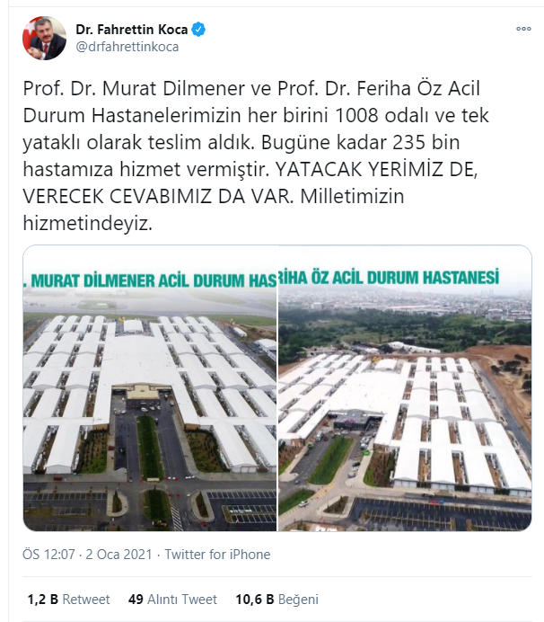 Bakan Koca iddialara twitter hesabından yaptığı açıklama ile cevap verdi. Bakan Koca, "Prof. Dr. Murat Dilmener ve Prof. Dr. Feriha Öz Acil Durum Hastanelerimizin her birini 1008 odalı ve tek yataklı olarak teslim aldık. Bugüne kadar 235 bin hastamıza hizmet vermiştir. Yatacak yerimiz de verecek cevabımız da var. Milletimizin hizmetindeyiz." dedi.