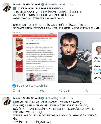 FETÖ imamı Bakum'ın yakalanması sonrası Twitter hesabından açıklamalarda bulunan Melih Gökçek, CHP'li Ankara Büyükşehir Belediye Başkanı Mansur Yavaş'la ilgili dikkat çeken bir iddiada bulundu. Gökçek, FETÖ'cü Kamil Bakum'la CHP'li Mansur Yavaş'ın yakın arkadaş olduğunu, 2004 seçimlerinde Mansur Yavaş'ın İnözü'ndeki bağında sayısız toplantılar yapan kişi olduğunu söyledi. Gökçek, ayrıca Bakum'un bizzat FETÖ elebaşı Fetullah Gülen tarafından Ankara'nın Beypazarı ilçesine imam olarak gönderildiğini belirtti.