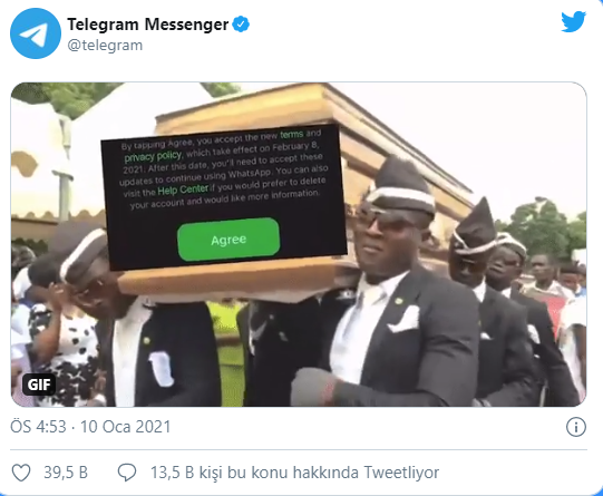 Telegram Messenger twitter hesabından Ganalı cenaze dansçılarının WhatsApp'ın cenazesini kaldırdığı gif'li paylaşım büyük beğeni topladı.