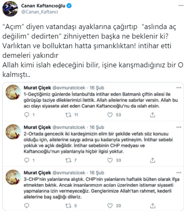 " 'Açım' diyen vatandaşı ayaklarına çağırtıp 'Aslında aç değilim' dedirten zihniyetten başka ne beklenir ki? Varlıktan ve bolluktan hatta şımarıklıktan! intihar etti demeleri yakındır. Allah kimi ıslah edeceğini bilir, işine karışmadığınız bir o kalmıştı."