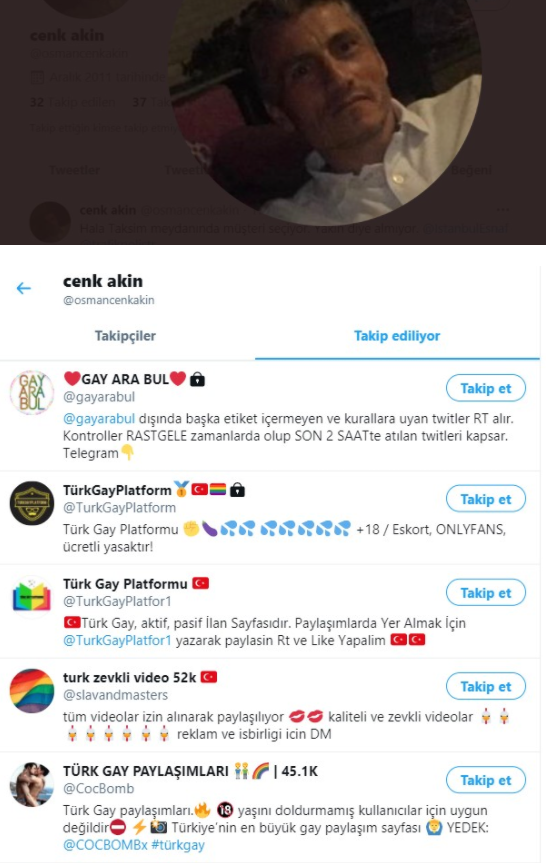 Öte yandan Cenk Akın'ın sosyal medya hesabını yeni açtığı, resminin de bulunduğu eski sosyal medya hesabında, takip ettiği LGBT ve 'gay' hesapları şoke etti.