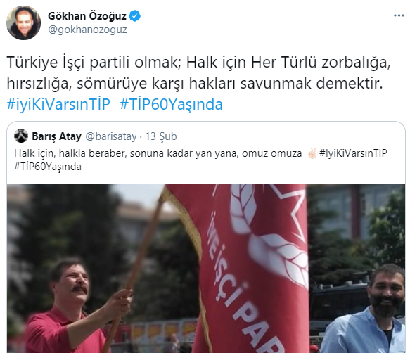 CHP’ye yakınlığı ile bilinen ve Ekrem İmamoğlu’nun İstanbul Büyükşehir Belediyesi Başkanlığına gelmesi sonrası konserleri kapıp cebini dolduran Gökhan Özoğuz, CHP'ye yakınlığı ile bilinen Gökhan Özoğuz, HDP listesinden seçime girip vekil olan ve daha sonra TİP'e geçen ve evli olmasına rağmen başka evli kadınlarla bir gecede binlerce lira ezen Barış Atay gibi komünistlere övgüler dizdi. Twitter hesabından paylaşımda bulunan Özoğuz, Barış Atay’ın Türkiye İşçi Partisi’ni övdüğü paylaşımını “Türkiye İşçi partili olmak; Halk için Her Türlü zorbalığa, hırsızlığa, sömürüye karşı hakları savunmak demekti” notuyla retweetledi. Şekilden şekle giren Özoğuz’un son olarak komünistlere övgüler düzmesi şaşkınlığa neden olmadı.