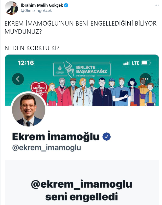 Ankara eski Büyükşehir Belediye Başkanı Melih Gökçek, CHP'nin tartışmalı İBB Başkanı Ekrem İmamoğlu'nun kendisini sosyal medyadan engellediğini söyledi.