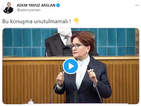 Akşener'in tepki toplayan bu sözleri karşısında zevkten dört köşe olan FETÖ firarisi Adem Yavuz Arslan söz konusu görüntüleri "Bu konuşma unutulmamalı" notuyla sosyal medya hesabından paylaştı.