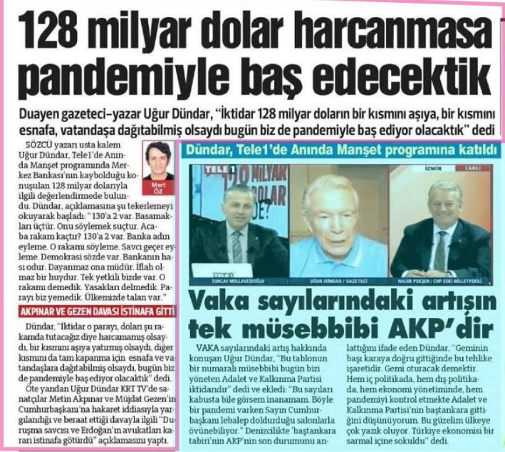 Dün CHP İstanbul İl Başkanı Canan Kaftancıoğlu’nun, Suriyeli göçmen Aylan bebeğin cansız bedeni üzerine yazdığı “128 milyar dolar nerede?” yazısının ardından bu kez de “duayen yalancı” Uğur Dündar koronavirüs nedeniyle hayatını kaybeden vatandaşlar üzerinden aynı yalanı sürdürdü.