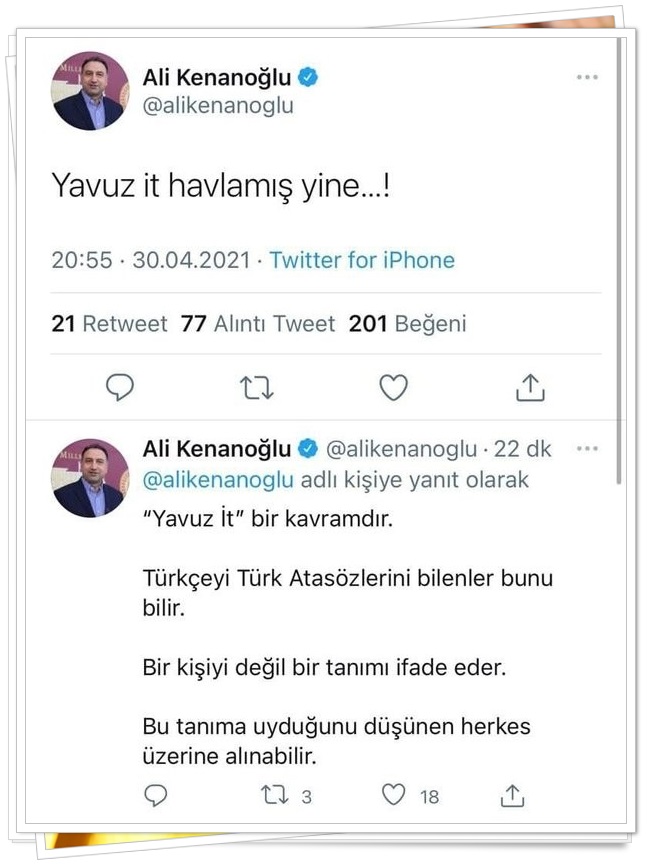 Ali Kenanoğlu, kamuoyundan gelen tepkiler üzerine yeni paylaşımda bulundu ve ''Yavuz İt' bir kavramdır. Türkçeyi Türk Atasözlerini bilenler bunu bilir. Bir kişiyi değil bir tanımı ifade eder. Bu tanıma uyduğunu düşünen herkes üzerine alınabilir' iddiasında bulundu.