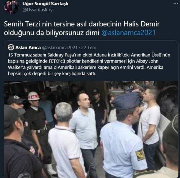 İYİ Partili Songül Sarıtaşlı attığı tweette, "Semih Terzi'nin tersine asıl darbecinin Ömer Halisdemir olduğunu da biliyorsunuz di mi?" yazdı.