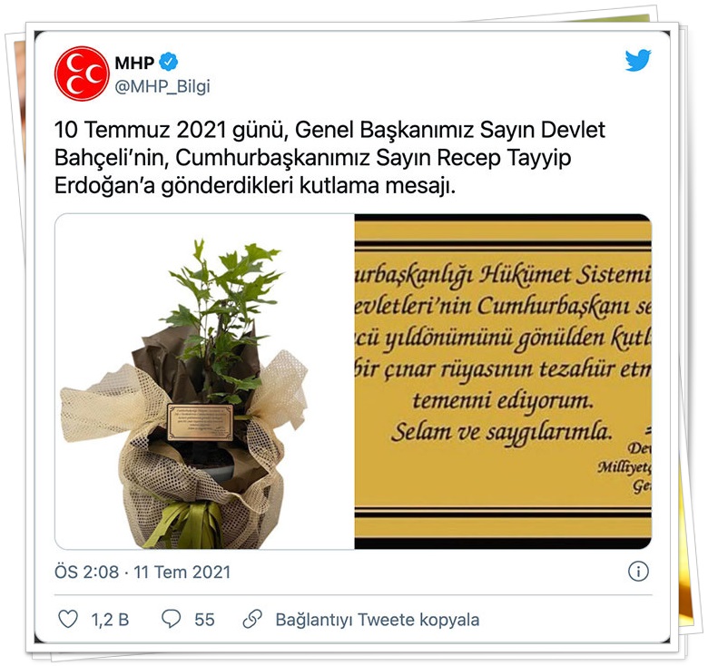 "Cumhurbaşkanlığı Hükümet Sisteminin ve Zat-ı Devletleri'nin Cumhurbaşkanı seçilmesinin üçüncü yıldönümünü kutluyor, yeni bir çınar rüyasının tezahür etmesini temenni ediyorum. Selam ve saygılarımla."